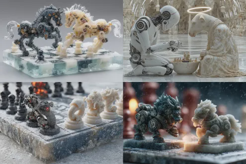 两个仿生机器人对弈悬浮围棋，黑机器人从冰钵取白子，白机器人落黑子，棋盘下冰面雕刻小马驹驮冰雕笔砚，砚内盘龙覆雪，超现实科幻场景，对称构图，赛博朋克美学，机械细节，晶莹冰雕，动态雪花，冷色调，蓝白主色，霓虹光晕，未来感，安静专注。