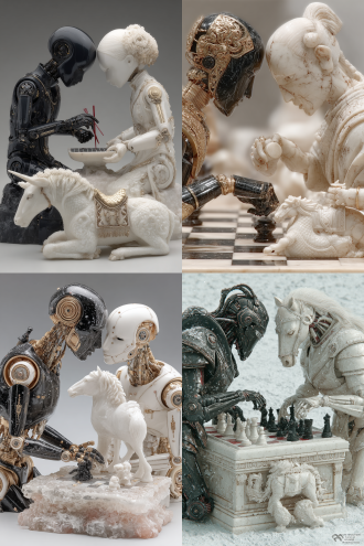 两个人形机器人立于悬浮围棋盘两侧面对面站着对弈，黑机器人的机械手从冰雕棋钵里拿起白子，白机器人的机械手将黑子放在棋盘上，棋盘底下的冰面雕刻着一匹小马驹，马鞍上驮着一个冰雕笔砚，笔砚里雕刻着盘龙，雪花落入笔砚中覆盖在长龙上。