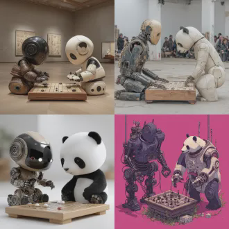 两个人形机器人立于悬浮围棋盘两侧面对面站着对弈，黑机器人的机械手从冰雕棋钵里拿起白子，白机器人的机械手将黑子放在棋盘上，棋盘底下有只熊猫站起来托举着棋盘，有趣开心