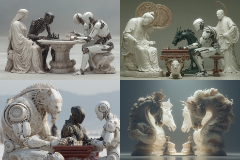 雪地冰雕八仙桌盘龙桌腿，桌底雪雕小马驹低头饮墨，冰雕围棋盘悬浮，两尊人形机器人对弈，黑机器人执白子，白机器人落黑子，超现实科幻风格，对称构图，冰雪场景，机械细节，冷色调，柔和顶光，静态抓拍，赛博朋克美学，宁静而专注的氛围。