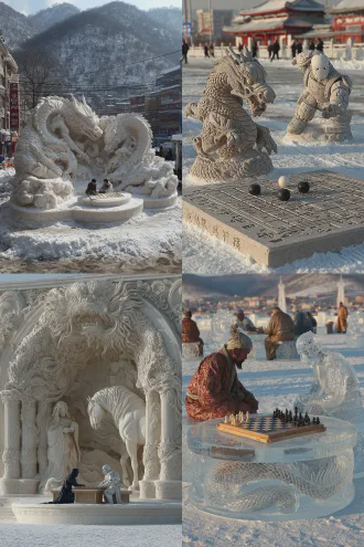 雪地里放着一张冰雕的八仙桌，四条桌腿都有盘龙环绕。桌底有一匹可爱的雪雕小马驹，马头下有一个冰雕笔砚，小马驹低头喝笔砚里的墨水。冰雕的桌面摆放着围棋盘，两个人形机器人立于悬浮围棋盘两侧面对面站着对弈，黑机器人的机械手从冰雕棋钵里拿起白子，白机器人的机械手将黑子放在棋盘上。