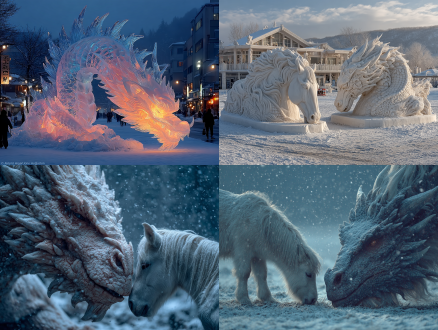 雪地中一只可爱的雪雕小马驹低头饮用冰雕笔砚中的冰雪墨水它警惕地注视着前方的盘龙冰雕盘龙昂首向笔砚吐入冰雪月光下雪花飞扬奇幻仙境风格顶级摄影雪地场景广角镜头超清细节柔和的月光与蓝白色调冰晶闪烁静谧而警觉的氛围充满魔法感