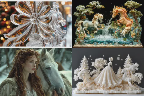 雪雕小马驹低头喝冰砚墨水，警惕注视冰雕盘龙，龙口吐冰雪入砚，月光下雪花飞扬，奇幻童话场景，中心对称构图，冰蓝与银白主色调，细节精致的冰雕质感，柔和月光与龙口冷光，动态飞雪，宁静而警惕的情绪，广角镜头，景深，长曝光捕捉雪花轨迹，电影感画面，高清晰度，8k。