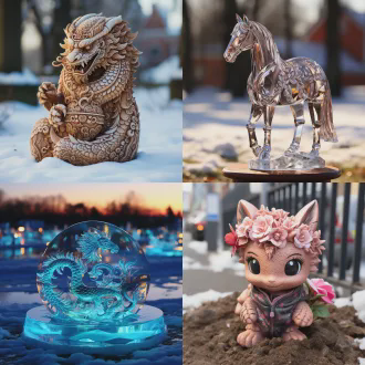 雪地有一匹可爱的雪雕小马驹，马头下有一个精美绝伦的冰雕笔砚，小马驹低头喝笔砚里的冰雪墨水，警惕地注视着龙头。笔砚周围有一条冰雕的盘龙，抬起的龙头嘴里吐出冰雪进入笔砚里，月光下。