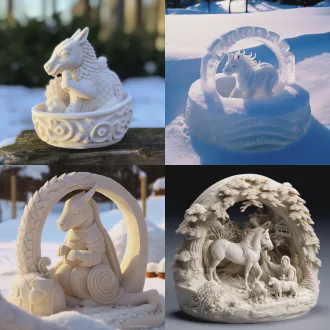 雪地有一匹可爱的雪雕小马驹，马头下有一个精美绝伦的冰雕笔砚，小马驹低头喝笔砚里的冰雪墨水，警惕地注视着龙头。笔砚周围有一条冰雕的盘龙，抬起的龙头嘴里吐出冰雪进入笔砚里，背光朝阳。