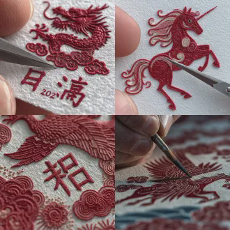 特写一把精致剪刀裁剪红纸，中式传统剪纸图案，一只展翅天马从繁体的"馬"字中飞出，在祥云中翱翔，云层中巧妙隐藏"2026"字样，手部稳定专注，俯视视角，清晰锐利，微距摄影，自然光，白背景，红白对比，喜庆典雅，充满希望与动感。