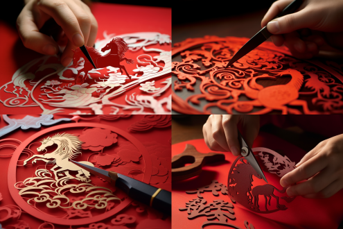 特写一把精致剪刀裁剪红纸，剪纸图案是繁体的“馬”字与一匹展翅在云端翱翔的骏马，云层中隐藏“2026”字样，手部动作细腻，中国风剪纸艺术，桌面微距摄影，柔光箱照明，红色与白色高对比度，背景虚化，细节锐利，喜庆祥和。