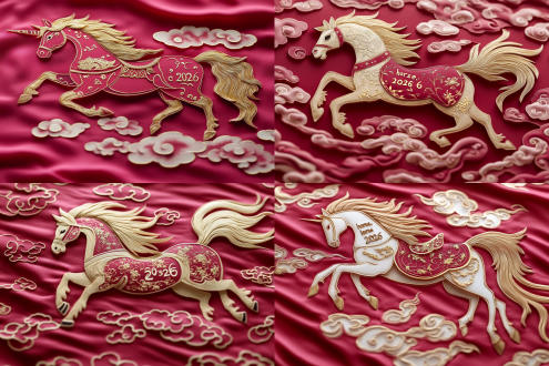 特写一双巧手用精致剪刀裁剪红纸，剪出剪纸图案，繁体的“馬”字旁有一匹展翅腾云的天马，云中藏“2026”字样，中国风剪纸艺术，微距镜头，红色与金色，喜庆祥和的氛围，背景是柔和宣纸纹理，侧光凸显纸张细节与立体感，焦点在剪刀刃与图案连接处，充满希望与创意的情绪。