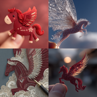 特写一双精致灵巧的机械手拿着一张红纸进行裁剪，剪出一张剪纸图案，一匹马展开翅膀在云端翱翔，马身上有不同字体的“马”字，云端里藏着“2026”字样。