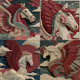 特写一双精致灵巧的机械手拿着一张红纸进行裁剪，剪出一张剪纸图案，一匹马展开翅膀在云端翱翔，马身上有不同字体的“马”字，云端里藏着“2026”字样。