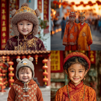 马头帽春节服饰特写，喜庆孩童穿戴马头帽保留马鬃假发，红色丝绸帽身金色刺绣，孩童圆润笑脸洋溢幸福温暖，传统中式灯笼春联背景，柔光，细节精致，色彩鲜明以红金为主，吉祥如意情感，肖像摄影，85mm定焦镜头，浅景深，高分辨率，丝绒质感。