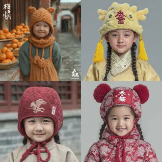 参考中国民间传统小孩子的虎头帽，设计一款马头帽，春节服饰，喜庆温暖吉祥，保留马鬃作为假发。