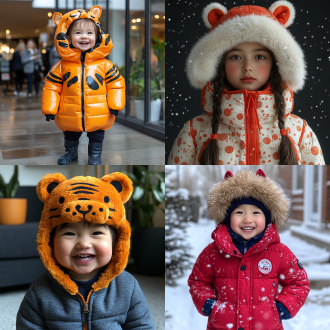 参考中国民间传统小孩子的虎头帽，设计一款马头帽，春节服饰，喜庆温暖吉祥，保留马鬃作为假发，真人小孩试戴效果。