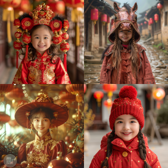 一个快乐的中国小孩戴着红色春节马头帽，帽子上有金色刺绣和蓬松的黑色马鬃假发，身穿红色传统棉袄，背景是挂着灯笼的喜庆庭院，暖色调，柔光，肖像特写，浅景深，85mm镜头，胶片质感，温馨吉祥，幸福微笑。