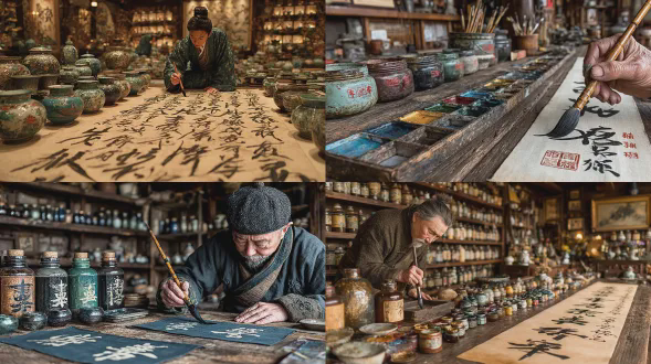 镜头近距离特写毛笔书法的创作过程，宣纸上写下“一馬平川”四个行书大字，横幅卷轴。