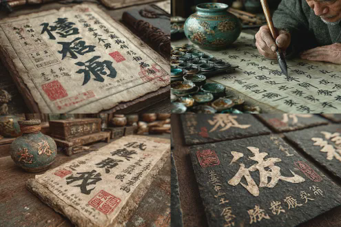 特写镜头聚焦毛笔书写瞬间，墨汁在宣纸上晕染，行书“一馬平川”四字苍劲有力，横幅卷轴平铺，飞白与浓墨对比，中国风，工作室静物，微距摄影，侧光突出纸张纹理，深色背景，专注宁静，文化底蕴。