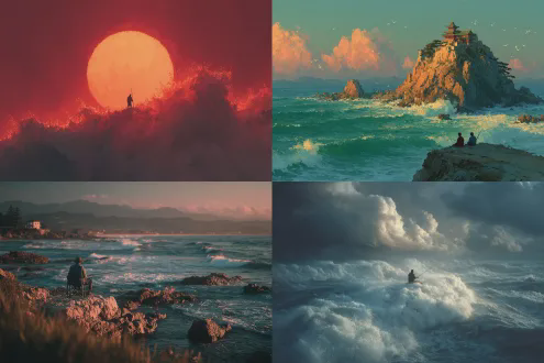 独钓千里峰，残阳斜，鱼沉雁落。 风急浊浪高，何处龙藏虎卧？