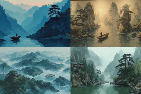 水墨山水意境，一叶扁舟从容行于苍茫云海之间，远山层叠，细雨空濛，舟上旅人背影淡然，衣袂飘逸，超然物外，中国风水墨画风格，空灵辽阔，淡彩渲染，留白艺术，深邃宁静，广角镜头，柔光，低饱和度，意境深远。