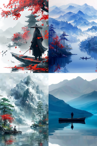 水墨风格山水画，一叶扁舟行于苍茫江心，舟上老者身着素衣神情从容，远山云雾缭绕雨幕轻垂，画面留白深远，淡彩渲染，意境空灵悠远，长焦镜头，柔光，低饱和度，宁静超然。