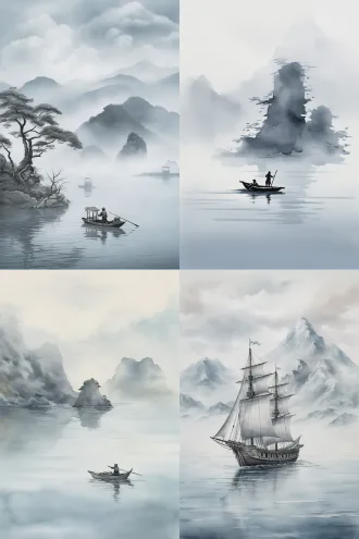 水墨意境山水画，一叶扁舟行于苍茫云海与无垠水面之间，舟上旅人素衣从容，面容平和，远山淡影，雨雾朦胧，留白构图，柔和散射光，浅青与墨色主调，宁静超然，禅意。