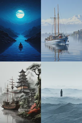 水墨风格山水画，一叶扁舟行于苍茫云海与无垠水面之间，舟上人物背影从容，衣袂飘逸，远山淡影，风雨初霁，意境空灵深远，广角镜头，中国画留白，柔和散射光，青灰与墨色主调，宁静超脱。