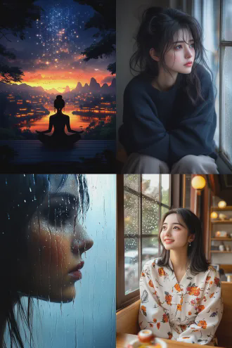古装女子独坐深闺，侧颜剪影，眼神哀怨望向窗外，夜空中星河如瀑倾泻，金银交错，中国风水墨风格，暗调，冷色调，柔光，长焦镜头，浅景深，情绪化，孤独，唯美，典雅。