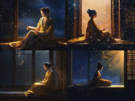 古典仕女独坐深闺，侧影倚窗，神情落寞忧郁，身着精致汉服，夜空中星河如瀑布倾泻，无数金银光点错落，深蓝与暖黄对比，柔光，电影感构图，广角镜头，浅景深，细腻的忧伤氛围，中国风意境。