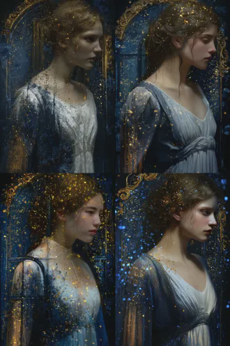 深夜闺怨主题肖像，一位身着素白古风长裙的古代女子侧身立于雕花木窗前，面容清丽，眼神落寞地望向窗外，夜空中星河如瀑布般倾泻，无数金银光点交错闪烁，室内烛光昏暗，月光勾勒她的轮廓，整体色调以深蓝与暗金为主，充满古典诗意与孤独感。 中国古典美学，肖像特写，深蓝色调与暗金色点缀，伦勃朗光线，柔焦效果，电影质感，细腻肤质，丝绸质感衣裙，璀璨星空背景，忧伤氛围。