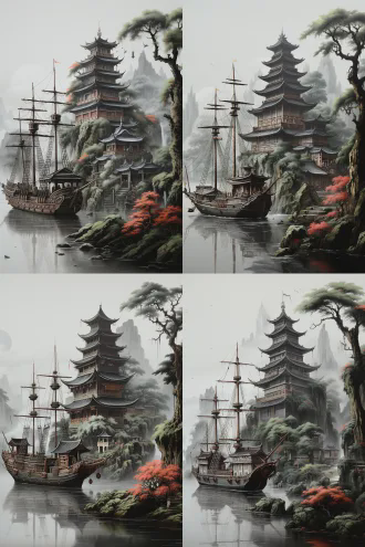 水墨风格山水画，一叶扁舟行于苍茫云海与无垠水面之间，舟上人物背影从容，衣袂飘逸，远山淡影，风雨初霁，意境空灵深远，广角镜头，中国画留白，柔和散射光，青灰与墨色主调，宁静超脱。