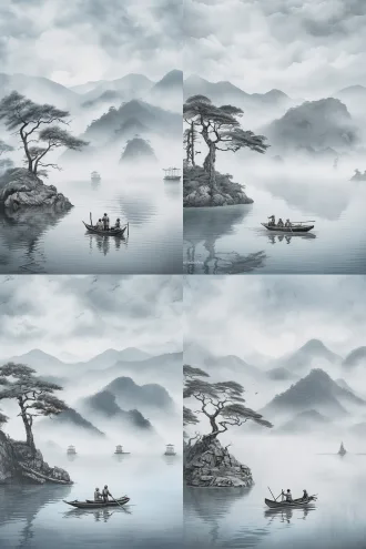 水墨意境山水画，一叶扁舟行于苍茫云海与无垠水面之间，舟上旅人素衣从容，面容平和，远山淡影，雨雾朦胧，留白构图，柔和散射光，浅青与墨色主调，宁静超然，禅意。