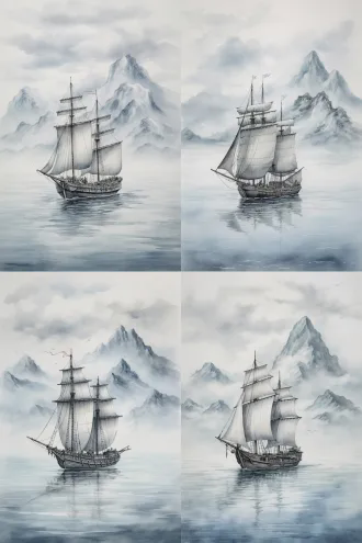 水墨意境山水画，一叶扁舟行于苍茫云海与无垠水面之间，舟上旅人素衣从容，面容平和，远山淡影，雨雾朦胧，留白构图，柔和散射光，浅青与墨色主调，宁静超然，禅意。