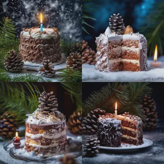 美食摄影，一个松果造型的多层蛋糕摆在木桩上，冰冻松叶层，巧克力松鼠，雪地森林夜景，微距镜头，浅景深，柔和的烛光与月光混合照明，温馨欢乐，糖霜椰蓉如白雪，松脂蜡烛，顶层小松鼠偷看镜头，生动活泼，自然色调点缀暖色烛光，童话氛围。