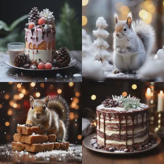 美食摄影，松果造型多层蛋糕，巧克力松鼠群，雪地森林夜景，俯拍视角，微距镜头，浅景深，柔光箱照明，暖色调高光与冷色调阴影，糖霜椰蓉模拟积雪，生动活泼，松鼠偷吃场景，焦外光斑，戏剧性构图，节日氛围，自然木桩与冰冻松叶，细腻纹理，幸福愉悦情感。