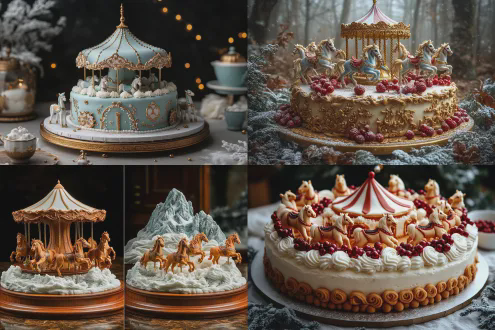 一个旋转木马造型的奢华蛋糕，蒙古包风格顶棚，不同颜色的糖霜马匹，矗立在奶油糖霜制作的雪地场景中，俯拍视角，对称构图，美食摄影，微距镜头，柔光箱照明，细节锐利，色彩鲜艳，梦幻童话风格，诱人食欲。
