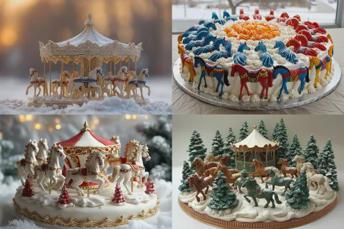 美食摄影，一个旋转木马造型的蛋糕，蒙古包风格底座，不同颜色的糖霜马匹，立于奶油糖霜雪地中，俯拍视角，对称构图，戏剧性灯光，柔焦背景，糖艺细节，色彩鲜艳，童话氛围，温暖喜悦，微距镜头，工作室灯光，高细节，柔光箱，节日装饰，景深。