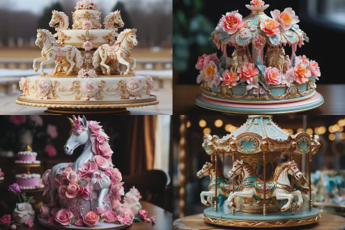 美食摄影，旋转木马造型蛋糕，俄罗斯城堡建筑风格，奢华繁复，多彩糖霜马匹，奶油糖霜雪地，顶视与微距结合，浅景深，柔光箱照明，色彩鲜艳，童话梦幻氛围，细节丰富，高饱和度，令人愉悦。