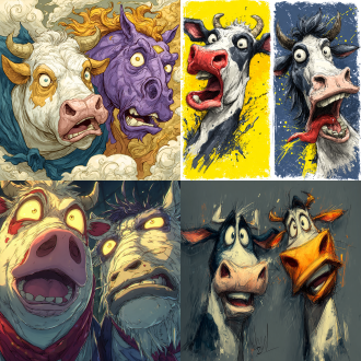 牛头马面表情包，夸张可爱幽默，卡通风格，大头设计，明亮色彩，搞怪动作，简洁背景，柔和光线，圆润线条，丰富表情，生动活泼。