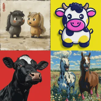 设计一套牛头马面表情包，夸张可爱幽默，卡通风格，大头设计，大眼睛圆润线条，明亮色彩，动态表情，搞怪动作，扁平化设计，矢量图形，高饱和度，有趣生动。