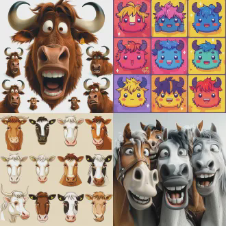 设计一套牛头马面的丰富表情包，卡通夸张可爱幽默
