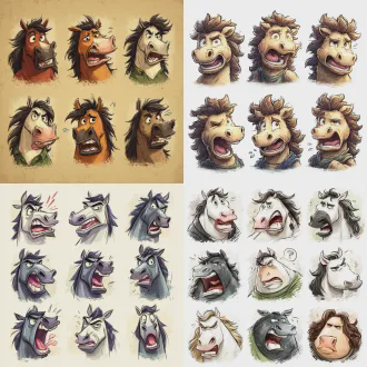 设计一套马脸的丰富表情包，卡通夸张可爱幽默，辨识度高，容易理解，适合聊天运用，兴奋，快乐，愤怒，伤心，痛苦，好奇，怀疑，恐惧，鄙视，忧郁，嫉妒，仇恨，寂寞，无聊，厌恶，嘲笑，迷茫，无奈等等，充分发挥想象力