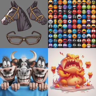 设计一套马脸的丰富表情包，卡通夸张可爱幽默，辨识度高，容易理解，适合聊天运用，兴奋，快乐，愤怒，伤心，痛苦，好奇，怀疑，恐惧，鄙视，忧郁，嫉妒，仇恨，寂寞，无聊，厌恶，嘲笑，迷茫，无奈等等，充分发挥想象力