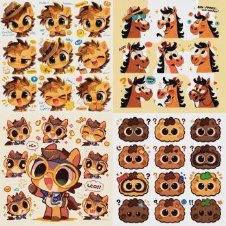 设计一套马脸的丰富表情包，卡通夸张可爱幽默，辨识度高，容易理解，适合聊天运用，兴奋，快乐，愤怒，伤心，痛苦，好奇，怀疑，恐惧，鄙视，忧郁，嫉妒，仇恨，寂寞，无聊，厌恶，嘲笑，迷茫，无奈等等，充分发挥想象力