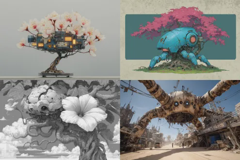 一棵机械怪树，枝桠都是可以活动的触手，地下网络根系与一株机械花的神经网络纠缠在一起，形成庞杂的机械脑。