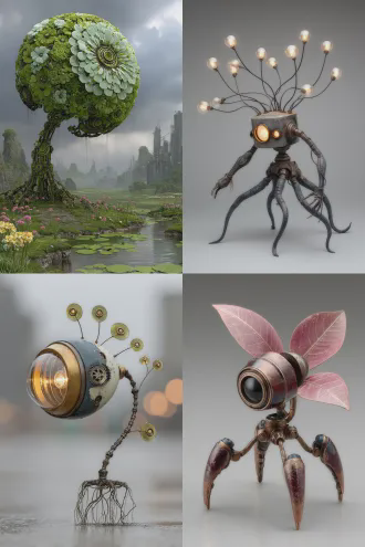 一棵机械怪树，每片叶子都是眼睛，枝桠都是可以活动的触手，地下网络根系与一株机械花的神经网络纠缠在一起，形成庞杂的机械脑，科幻，神话。