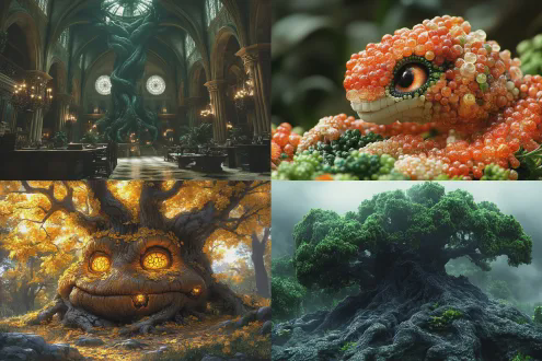 一棵机械怪树，每片叶子都是眼睛，枝桠都是可以活动的触手，地下网络根系与一株机械花的神经网络纠缠在一起，形成庞杂的机械脑，科幻，神话。