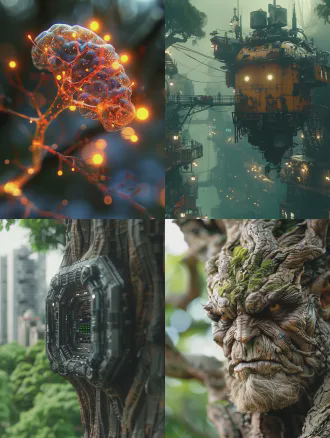 一棵机械怪树，每片叶子都是眼睛，枝桠是可活动的触手，地下根系与机械花的神经网络纠缠形成复杂机械脑，科幻神话风格，中心对称构图，超现实主义，金属质感，赛博朋克，微距镜头，暗色调，冷光，精密机械，生物机械融合，深邃神秘。