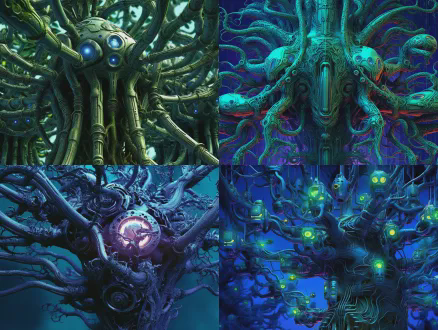 机械怪树，触手枝桠，眼睛树叶，地下根系与机械花神经网络纠缠构成庞大机械脑，科幻神话融合，赛博格有机体，超现实构图，中心对称，金属质感，荧光蓝绿与深紫对比色，微距与广角混合镜头，顶光与自发光，缠绕蠕动，精密复杂，敬畏与诡异感。