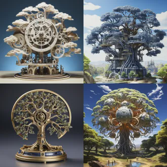 一棵机械怪树，每片叶子都是眼睛，枝桠都是可以活动的触手，地下网络根系与一株机械花的神经网络纠缠在一起，形成庞杂的机械脑，科幻，神话。