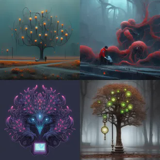 机械怪树，每片叶子都是眼睛，枝桠为活动触手，根系与机械花神经网络纠缠形成庞大脑体，科幻神话风格，中心对称构图，蒸汽朋克环境，微距镜头，赛博朋克霓虹光，长曝光，缓慢蠕动，铜绿与荧光色，诡异宁静。