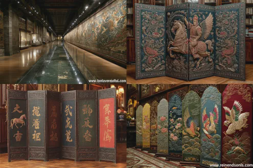 一扇落地折叠中国古代丝绸刺绣屏风，每一扇屏风都绣着一匹骏马，参考唐朝的八骏图造型，精致细腻，生动逼真，美轮美奂，精湛的工艺，光泽，富丽堂皇